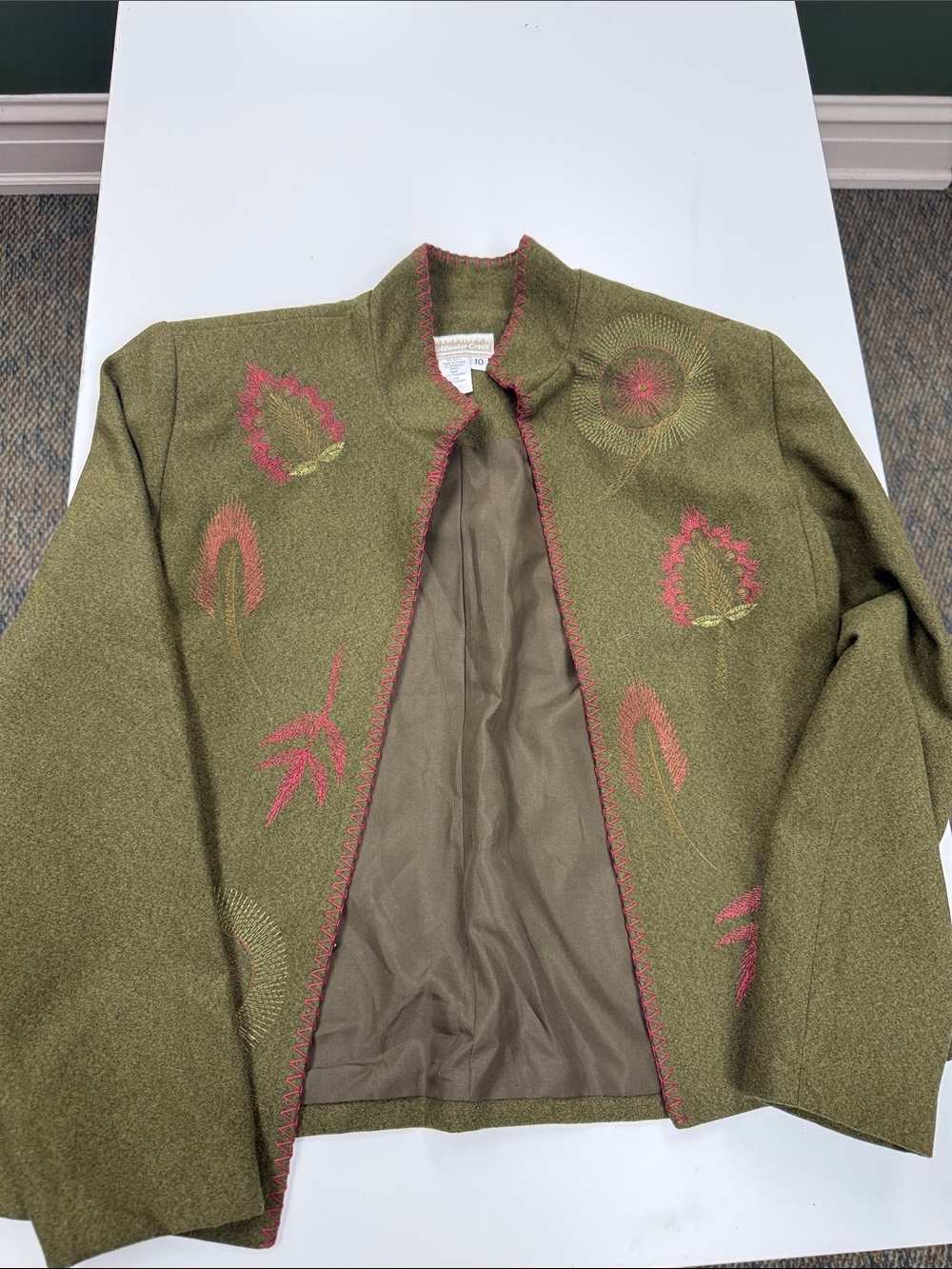 Coldwater Creek Olive Green Open-Front Blazer with Pink Embroidery